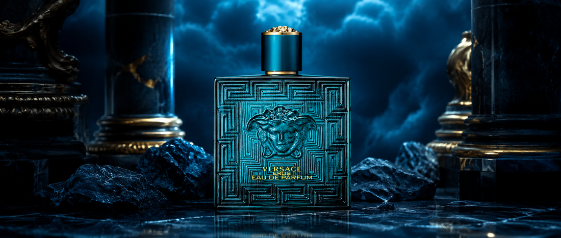 Flakon perfum Versace Eros EDP na luksusowym tle.