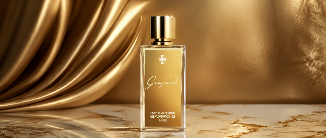 Flakon perfum Marc Antoine Barrois Ganymede na luksusowym tle.