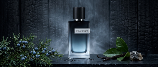 Flakon perfum Yves Saint Laurent Y EDP na luksusowym tle.