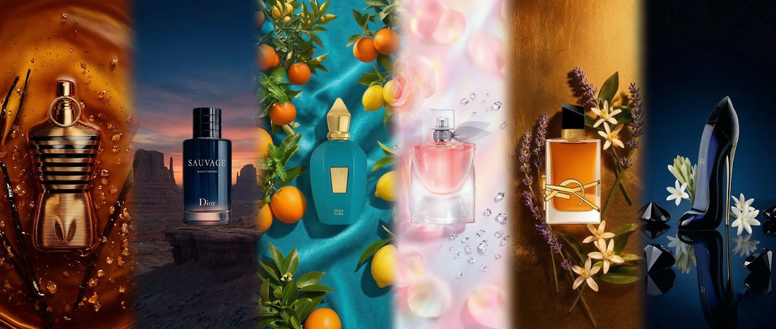 Kolaż sześciu luksusowych flakonów perfum na tle powiązanych scenerii i składników.