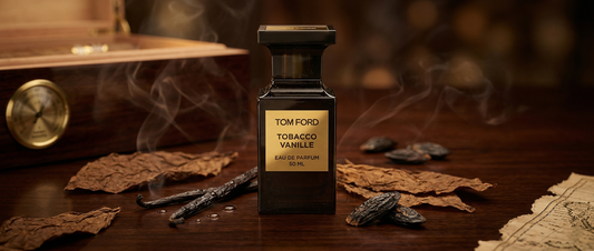 Flakon perfum Tom Ford Tobacco Vanille na drewnianym tle.