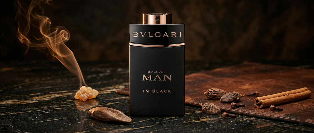 Flakon perfum Bvlgari Man In Black na luksusowym tle.