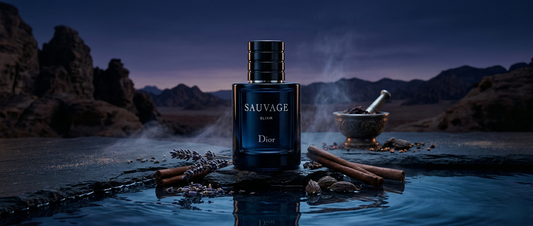 Flakon perfum Dior Sauvage Elixir na surowym tle.