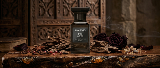 Flakon perfum Tom Ford Oud Wood na luksusowym tle.