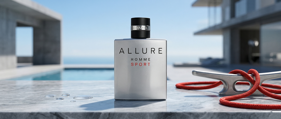 Flakon perfum Chanel Allure Homme Sport na lusksusowym tle.