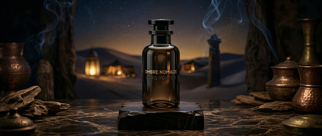 Flakon perfum Louis Vuitton Ombre Nomade na luksusowym tle.