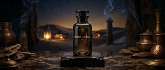 Flakon perfum Louis Vuitton Ombre Nomade na luksusowym tle.
