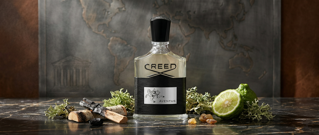 Flakon perfum Creed Aventus na luksusowym tle.